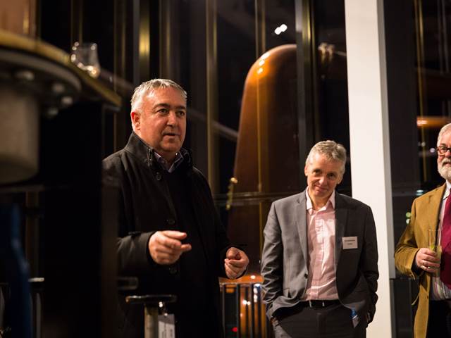 Distillery Manager conducting evening tour in the Still House at The Clydeside Distillery
