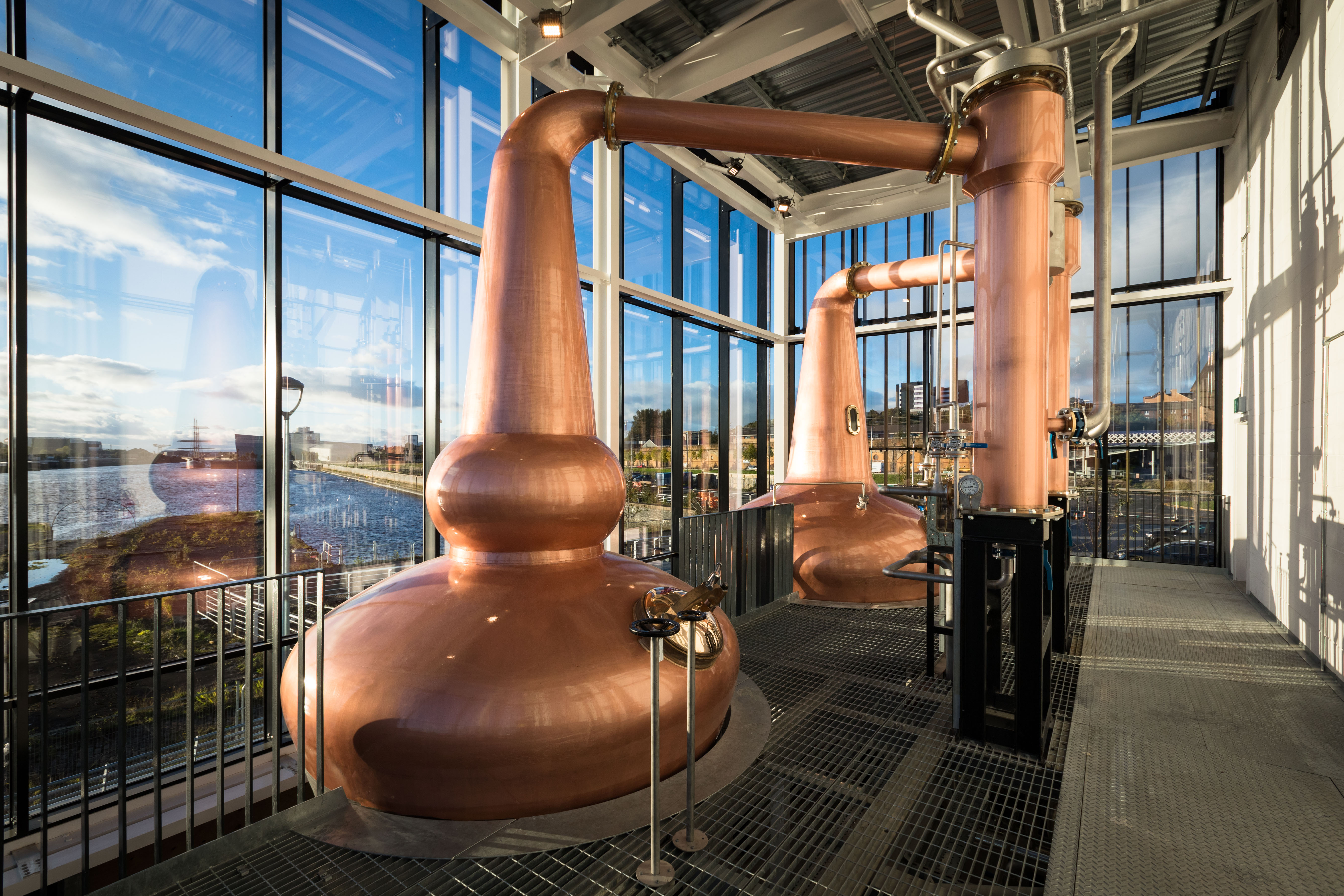 The Clydeside Distillery’s glass encased Still House with two copper stills