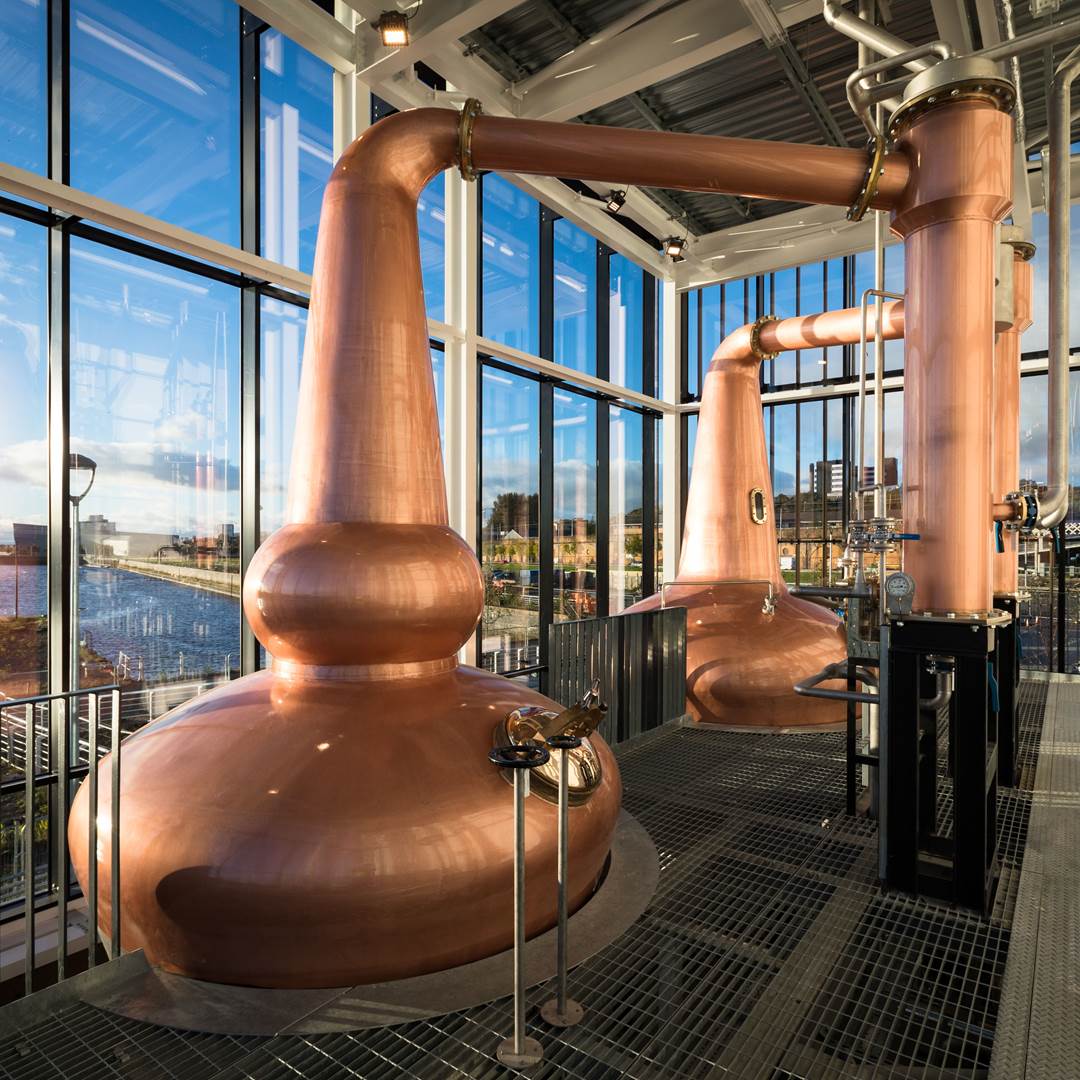 The Clydeside Distillery’s glass encased Still House with two copper stills